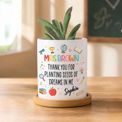 Personalized Names Thank You Quote Teacher Plant Pot, Ceramic Pot with Wooden Tray, Back to School/Teacher’s Day/Appreciation Gift for Teachers/Tutors