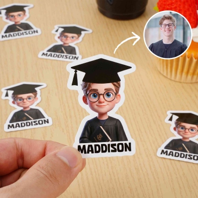 Personalized Cartoon Character Photo Graduation Cap Stickers with Name (Set of 16), Class of 2026 Graduation Party Decoration Favors for Graduates