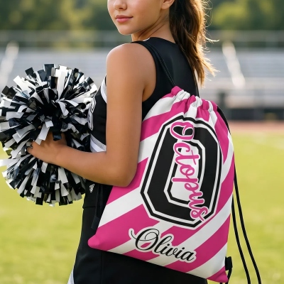 Custom Name Black Pink Varsity Alphabet Striped Drawstring Backpack, Large Capacity Cheerleading Bag, Gift for Teen Girls/Cheerleaders/Sports Lovers