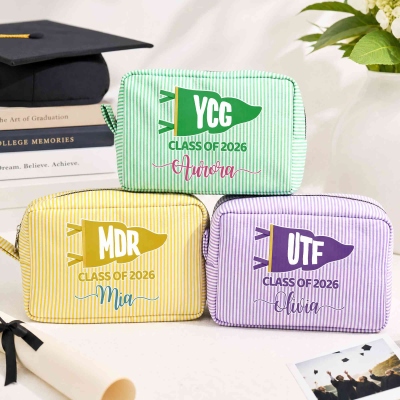 Personalized Pennant Flag Striped Makeup Bag with Name & Year, Travel Toiletry Pouch, Graduation Party Favor, Gift for Graduates/Alumnae