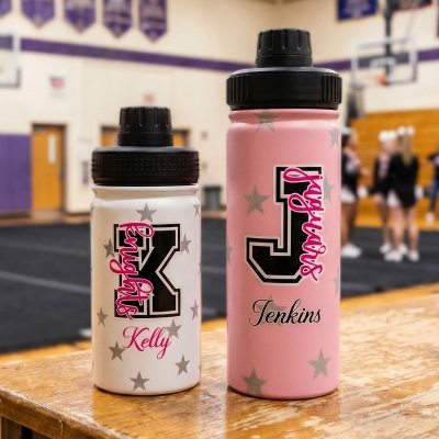 Custom Name Black Pink Alphabet Star Sports Water Bottle, Stainless Steel 12/18oz Insulated Tumbler with Lid & Handle, Gift for Girls/Cheerleaders