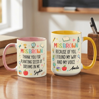 Personalized Thank You Quote Teacher’s Mug with Names, 11oz/15oz Two Tone Ceramic Mug with Coaster, Back to School/Appreciation Gift for Teachers