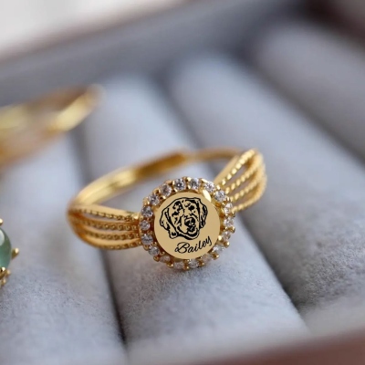 Personlig ring med halsband för husdjursporträtt och namn, sterlingsilver 925, fin ring med skiss av katt/hund, smycken för husdjur, present till husdjursmamma/ägare/kvinnor