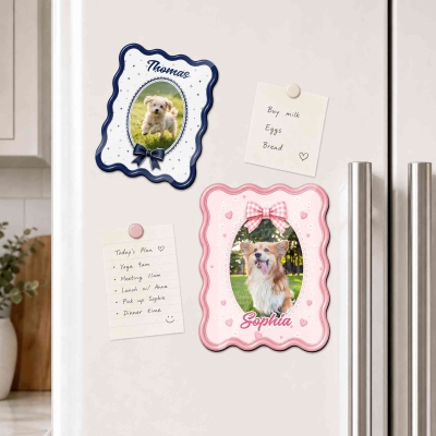 Personalized Name Pet Photo 3D Printed Bow Frame Magnet, Dog Cat Portrait Locker Refrigerator Magnet, Memorial/Housewarming Gift for Pet Lovers/Owners