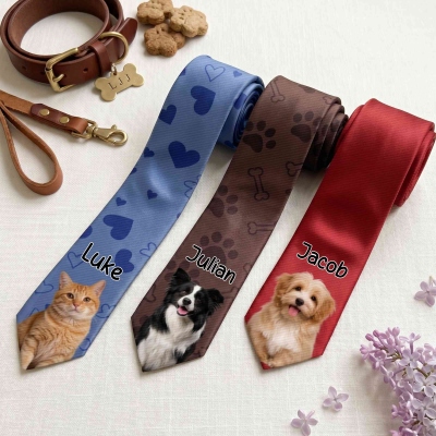 Personalized Pet Photo Tie with Name, Multicolor Men's Neck Tie, Birthday/Anniversary/Father's Day Gift for Husband/Dad/Grandpa/Pet Lovers