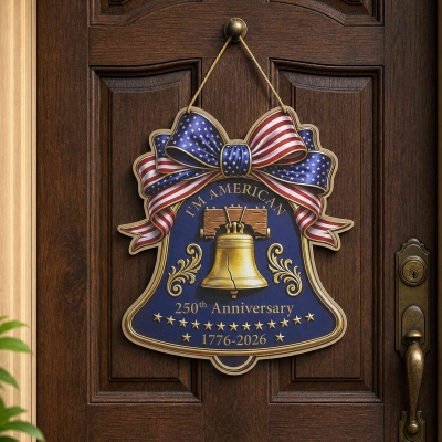 Custom Name Stars and Stripes Bow Liberty Bell Wooden Sign, USA 250th Anniversary Decor, Patriotic Door Hanger, Independence Day Gift for Americans