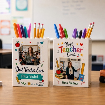 Custom Name & Photo Best Teacher Ever Building Blocks Pencil Holder, Office Pen Stand, Desk Organizer, Appreciation/Back to School Gift for Teachers