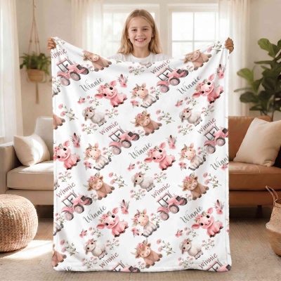 Personalized Name Cartoon Farm Animals Blanket, Flannel/Sherpa Throw for Bed Couch, Nursery Decor, Birthday/Baby Shower Gift for Newborns/New Parents