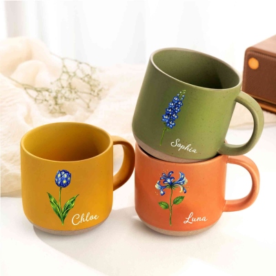 Custom Name Starry Sky Birth Flower Pottery Mug with Name, Watercolor 12oz Ceramic Coffee Tea Mug, Birthday/Mother's Day Gift for Her/Mom/Grandma
