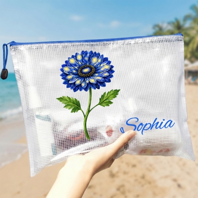 Personalized Name Starry Sky Birth Flower PVC Mesh Wet Dry Bag, Waterproof Beach Bag, Women's Toiletry Bag, Birthday/Wedding Gift for Her/Bridesmaids
