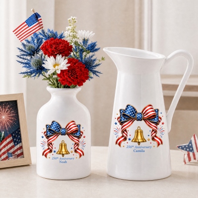 Personalisierte Vase mit Sternen-, Streifen- und Freiheitsglocken-Design, Keramikvase zum 250. Jahrestag der USA, Wohnaccessoire, Geschenk zum Unabhängigkeitstag für Amerikaner