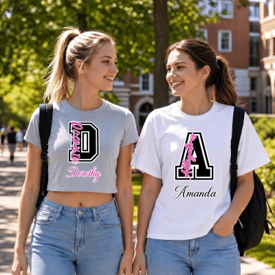 Personalized Black Pink Team Mascot Alphabet Crop Top/T-shirt with Name, Varsity Cheerleading/Daily Wear Tee, Birthday Gift for Girls/Cheerleaders
