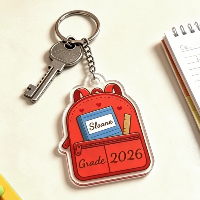 Personalized Name & Grade Year School Backpack Keychain, Acrylic Schoolbag Keyring, First Day of School/Back to School/Birthday Gift for Kids/Students