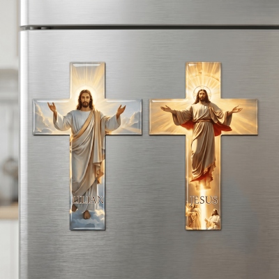 Personalized Jesus Cross Religious Fridge Magnet with Name, Glossy Heavenly Jesus Strong Magnetic, Refrigerator Decor, Housewarming Gift for Christian