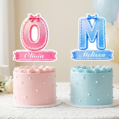 Custom Bow Initial Letter Cake Topper with Name, Food Safe Glitter Pastel Cake Pick with Wooden Stick, Party Decor, Birthday Gift for Kids/Friends