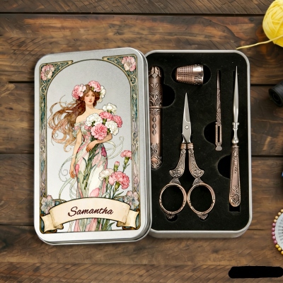 Personalized Birth Flower Fairy Embroidery Scissors Kit with Name, European Antique Vintage Sewing Box Set for Travel, Birthday Gift for Tailors/Her