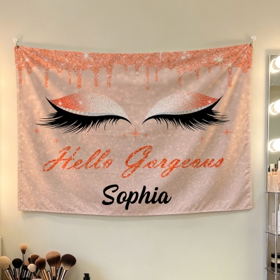 Custom Name Hello Gorgeous Glitter Eyelash Design Backdrop, Glam Boujee Girly Banner, Bachelorette Night Party Wall Decor, Gift for Bridesmaids/Her