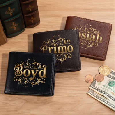 Personalized Name Retro Floral Scroll Men's Bifold Wallet, Ornate Grain Leather Multi Card Slot Slim Carry Wallet, Birthday Gift for Husband/Dad/Men
