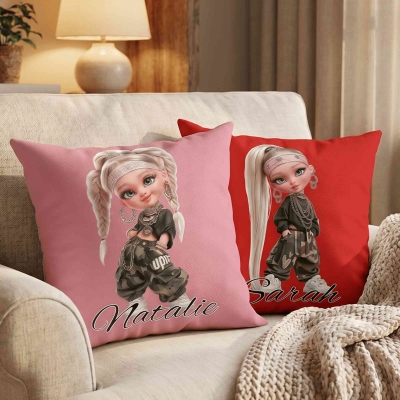 Personalized Y2K Hip Hop Cartoon Doll Throw Pillow Cover with Name, Multicolor Pillowcase with Optional Insert, Home Decor, Gift for Daughter/Girls