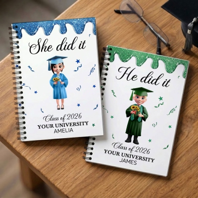 Custom She/He Did It Cartoon Character Notebook with Name and 120 Lined Pages, Softcover A5 Spiral Notebook, Graduation Gift for Graduate Student