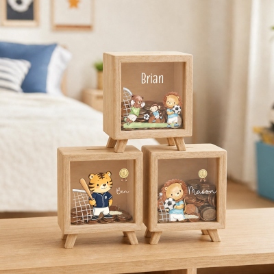 Personalized Name Ball Sports Cartoon Animal Piggy Bank, Wooden Clear Window Money Box Saving Bank, Children's Day/Birthday Gift for Kids/Boys/Girls