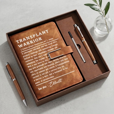 Custom Name Transplant Warrior Definition Notebook Set, PU Leather A5 Notebook and Pen, Encouragement Gift for Transplant Recipients/Cancer Survivors