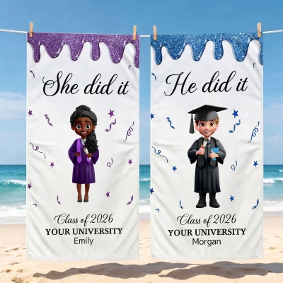 Personalized Grad Cap Cartoon Character Oversized Quick-Dry Beach Towel with Name and Year, Summer Vacation/Beach Party/ Graduation Gift for Graduates