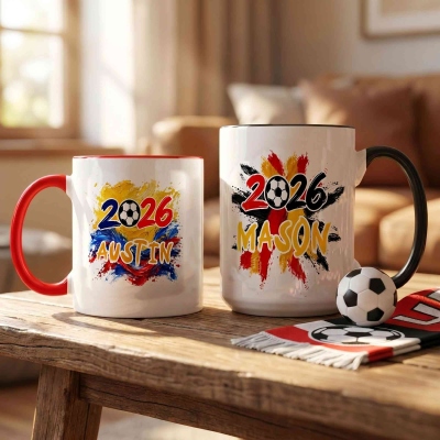 Personalized Name Colorful Graffiti 2026 Football Mug, 11oz/15oz Two Tone Ceramic Coffee Tea Mug with Coaster, Gift for Football Players/Soccer Lovers