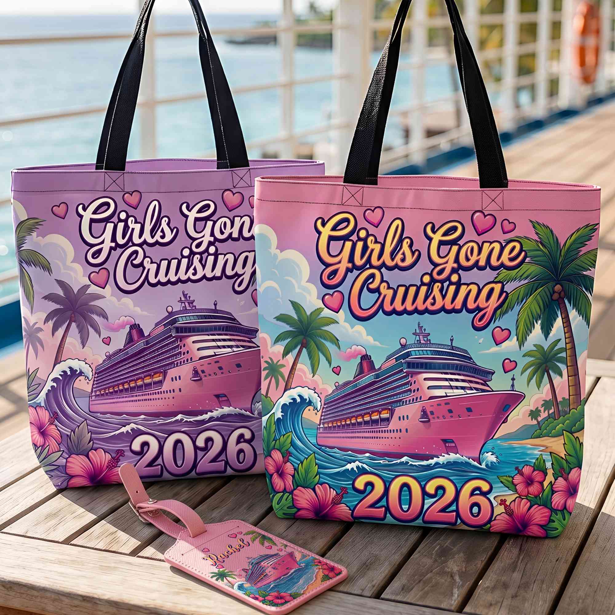 Personalized Girls Gone Cruising Tote Bag & Luggage Tag Set with Name & Year, Travel Accessories, Birthday/Vacation Gift for Women/Besties