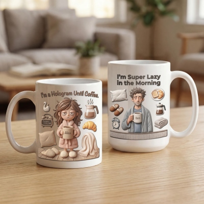 Personalized Name Cartoon Lazy Boy & Girl Morning Mug, 11oz/15oz Two Tone Ceramic Coffee Tea Cup with Handle, Humor Birthday Gift for Men/Women