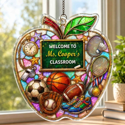 Personligt namn, målat glas, läraräpple, välkommen till klassrummet, prydnad, fönsterdekor, tillbaka till skolan-present för lärare/pedagoger