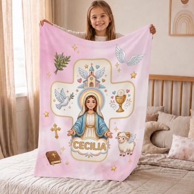 Custom Baptism Virgin Mary & Jesus Blanket with Name, Soft Flannel/Sherpa Throw for Sofa Bed Couch, Home Decor, Baby Shower Gift for Boys/Girls