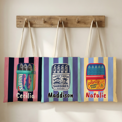 Custom Vintage Sardine Can Striped Canvas Tote Bag with Name, Reusable Spacious Daily Summer Shopping Shoulder Bag, Birthday Gift for Girls/Besties