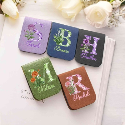 Personalized Name Diamond Effect Birth Fower Alphabet Bookmark, Leather Magnetic Bookmark Clip, Reading Accessory, Birthday Gift for Book Lovers/Women
