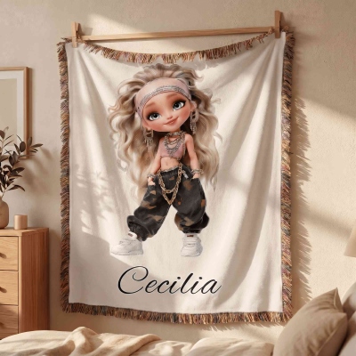 Personalized Name Y2K Hip Hop Cartoon Doll Blanket with Tassels, Soft Flannel Bed Couch Throw, Home Bedroom Decor, Birthday Gift for Daughter/Girls