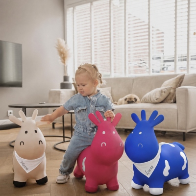 Personalized Bouncy Cow with Name Bib for Toddlers, Colorful Ride-On Inflatable Animal Toy, Nursery Decor, Easter/Birthday Gift for Kids/Boys/Girls