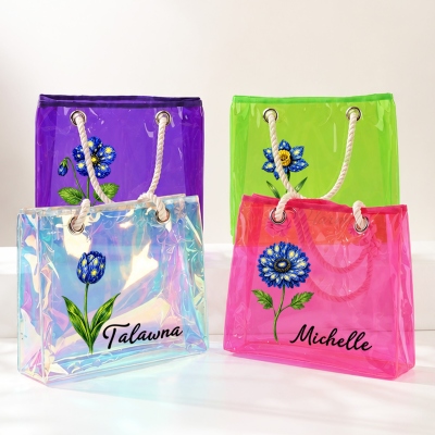 Custom Starry Sky Birth Flower Neon Color Tote Bag with Name, Clear PVC Sandproof Beach Bag, Summer Vacation Party Favor, Gift for Girls/Bridesmaids