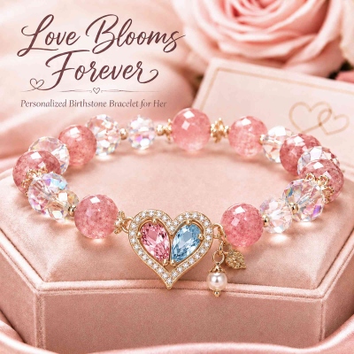 Personalized Strawberry Quartz Heart Bracelet with Birthstone, Crystal Love & Romantic Handmade Jewelry, Gift for Mom/Wife/Girlfriend