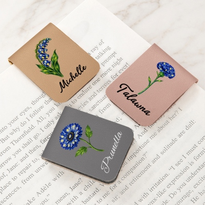 Personalized Starry Sky Birth Flower Leather Bookmark with Name, Floral Magnetic Page Marker, Reading Accessory, Birthday Gift for Book Lovers/Her