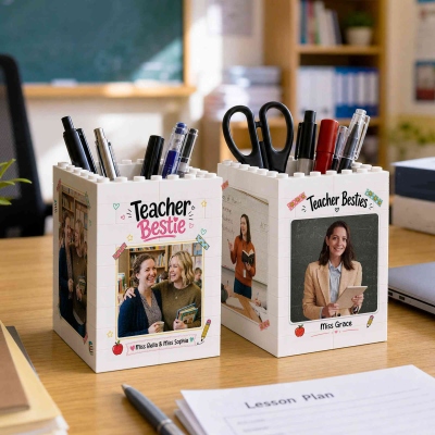 Custom Names & Photos Teacher Bestie Building Blocks Pencil Holder, Office Pen Stand, Desk Organizer, Appreciation/Back to School Gift for Teachers