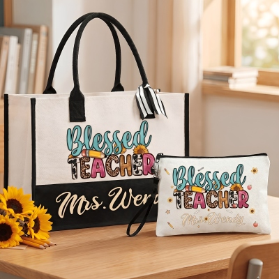Personalized Cute Blessed Teacher Matching Bag Set with Name, Canvas Tote Bag & Linen Makeup Pouch with Wristlet, Appreciation Gift for Teachers/Her