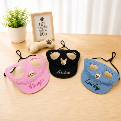 Personalized Name Embroidered Dog Portrait Visor Baseball Cap with Ear Holes, Dog Sun Hat with Adjustable Cord Lock, Gift for Pet Owners/Lovers