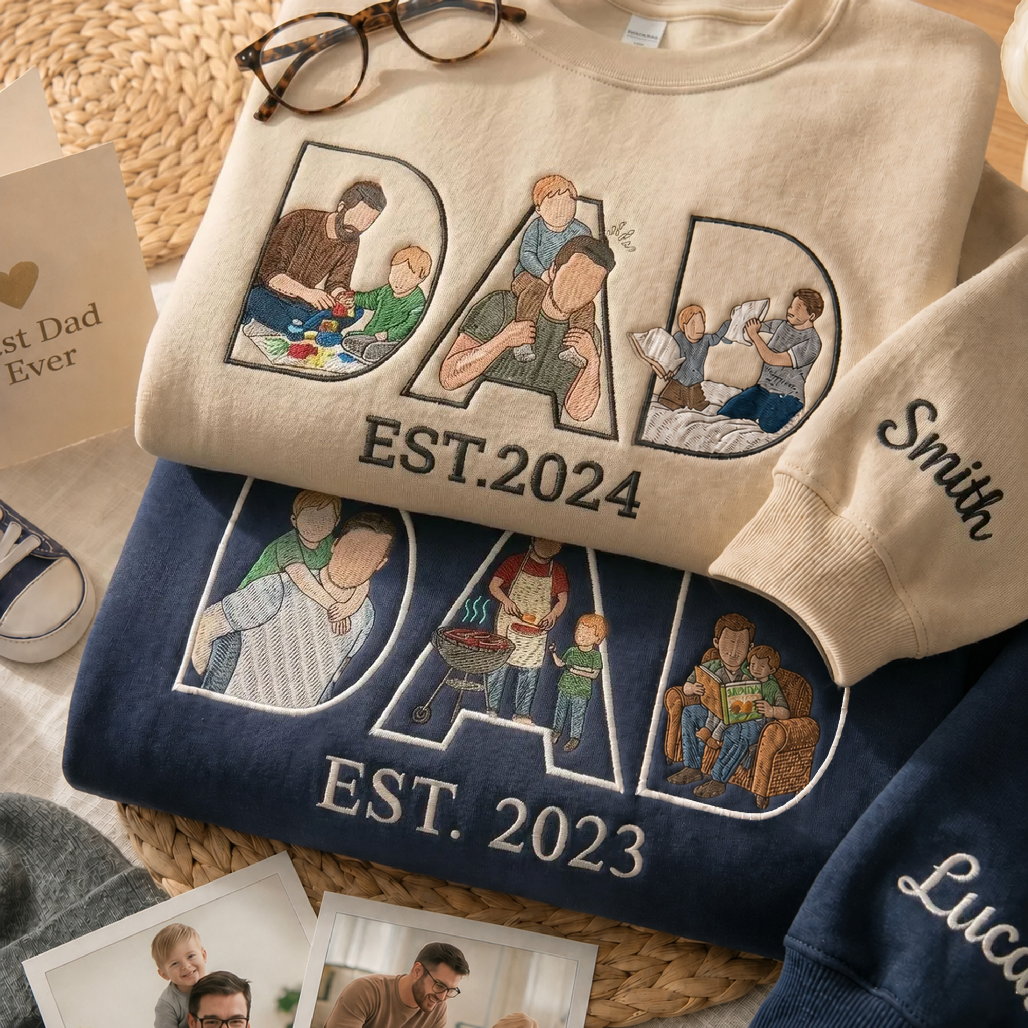 Custom Name Dad T-shirt/Sweatshirt/Hoodie with Photo Inside Letters, Embroidered Faceless Portrait Shirt, Birthday/Father's Day Gift for Husband/Dad