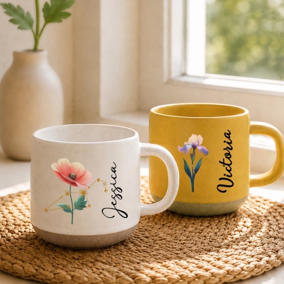 Personalized Zodiac Birth Flower Pottery Mug with Name, 12oz Ceramic Coffee Tea Mug, Birthday/Mother's Day/Wedding Gift for Her/Mom/Bridesmaids