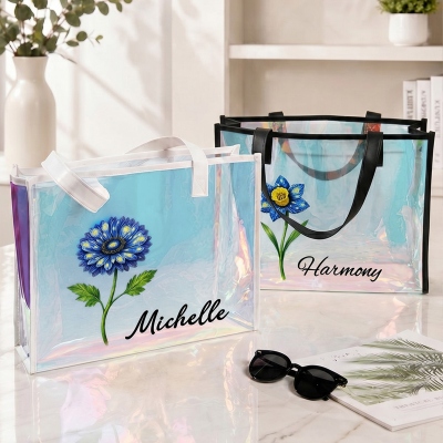 Custom Name Starry Sky Birth Flower Holographic Clear Beach Tote Bag, PVC Waterproof Iridescent Handbag, Summer Vacation Party Favor, Gift for Mom/Her