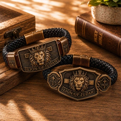Personalized Lion of Judah Christian Men’s Bracelet with Text, Black Braided Cord Faith Jewelry, Religious Keepsake, Father’s Day Gift for Dad