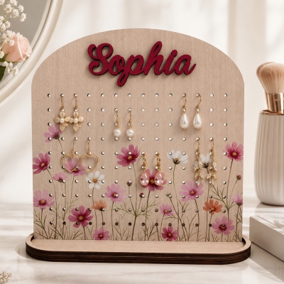 Personalized Birth Flower Earrings Holder with Name, Wooden Jewelry Display Storage Stand, Birthday/Mother's Day Gift for for Her/Mom/Women/Girls