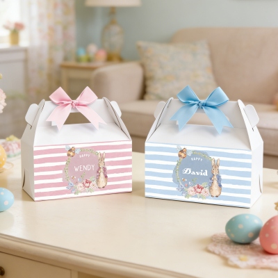 Custom Name Wreath Bee Peter Rabbit Striped Bow Gift Boxes with Handles (Set of 2), Easter Treat Boxes, Easter Party Favors, Easter Gifts for Kids