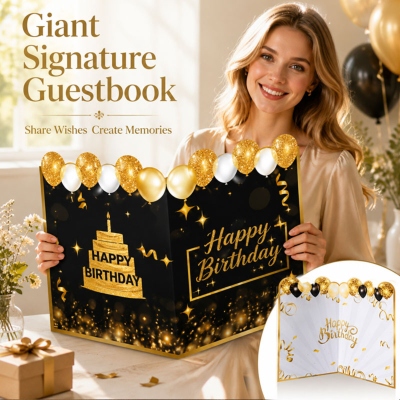 Giant Birthday Guest Book Card with Black/Gold Design, Oversized Signature Board for Group Wishes, Birthday/Party Gift for Her/Him/Friend