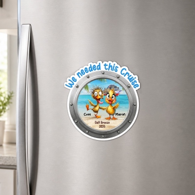 Personalized Names & Year Cartoon Bird Couple Cruise Ship Refrigerator Magnet, Vacation Magnet Keepsake, Valentine's Day/Anniversary Gift for Couple